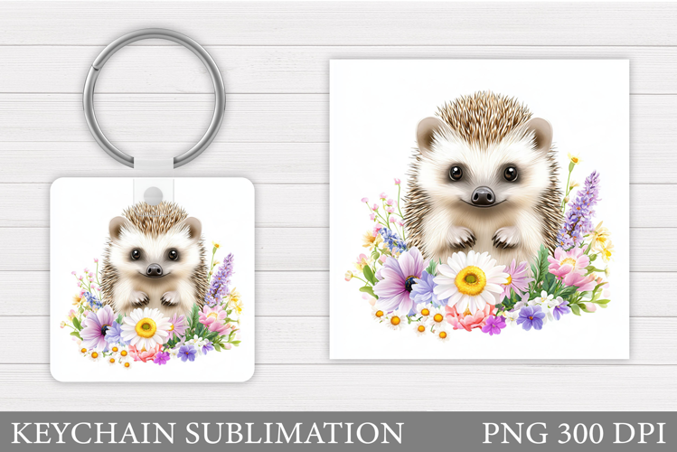 Cute Hedgehog Keychain Design. Hedgehog Flowers Keychain