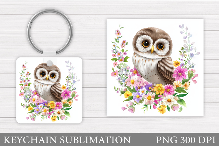 Owl Keychain Design. Owl Flowers Keychain Sublimation