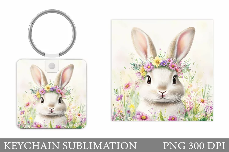 Cute Bunny Keychain. Bunny Flowers Keychain Sublimation