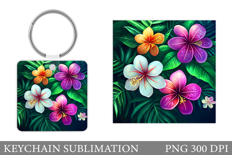 Tropical Flowers Keychain. Palm Leaves Square Keychain