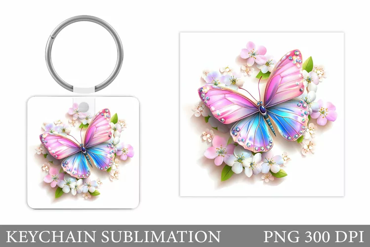 Butterfly Keychain Design. Flowers Keychain Sublimation
