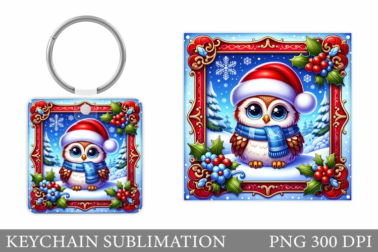 Christmas Owl Keychain. Christmas Keychain Sublimation
