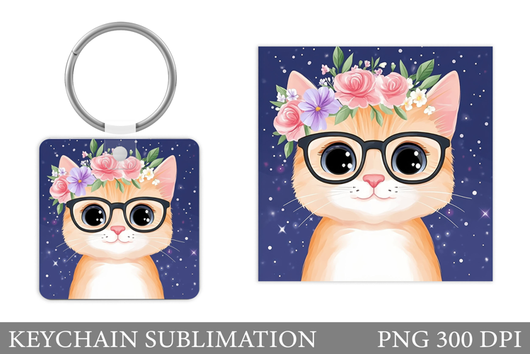 Cute Cat Keychain Sublimation. Cat Flowers Keychain Design