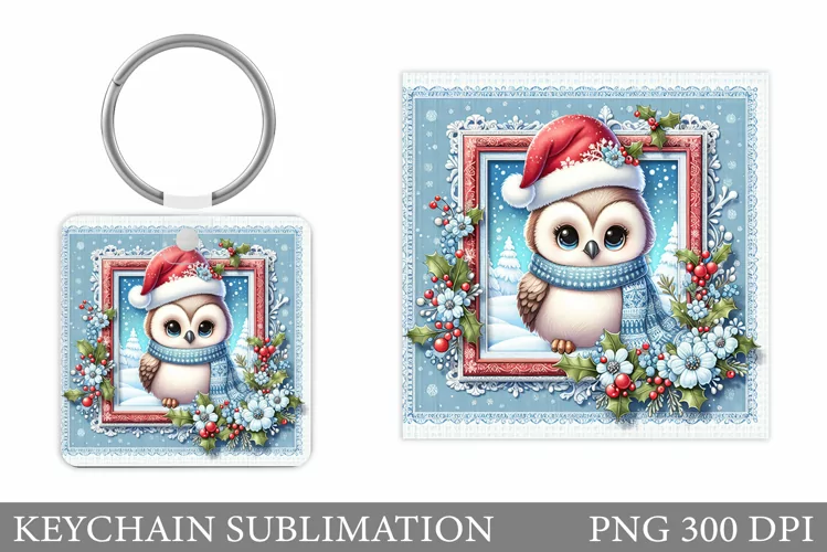 Christmas Owl Keychain. Christmas Keychain Sublimation