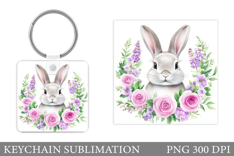 Cute Bunny Keychain. Bunny Flowers Keychain Sublimation example image 1