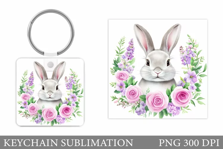 Cute Bunny Keychain. Bunny Flowers Keychain Sublimation