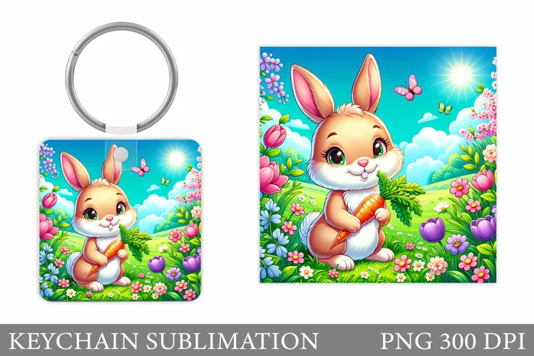 Cute Bunny Keychain. Bunny Flowers Keychain Sublimation