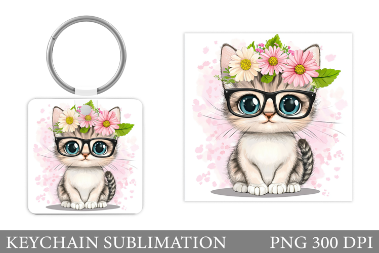 Cute Cat Keychain Sublimation. Cat Flowers Keychain Design