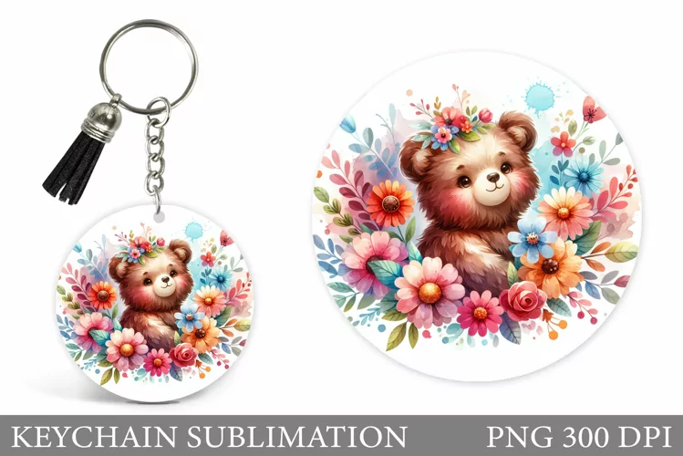 Cute Bear Keychain Sublimation. Bear Flowers Keychain Design