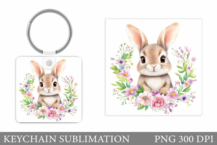 Cute Bunny Keychain. Bunny Flowers Keychain Sublimation