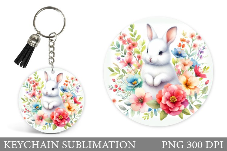 Cute Bunny Keychain. Bunny Flowers Keychain Sublimation