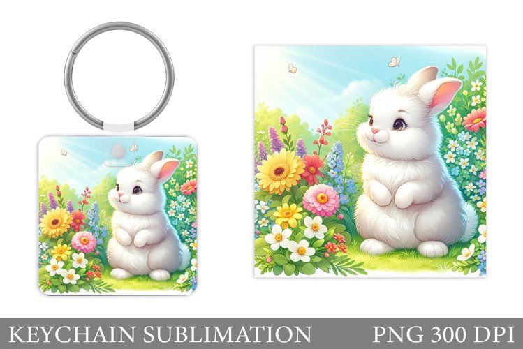 Cute Bunny Keychain. Bunny Flowers Keychain Sublimation example image 1