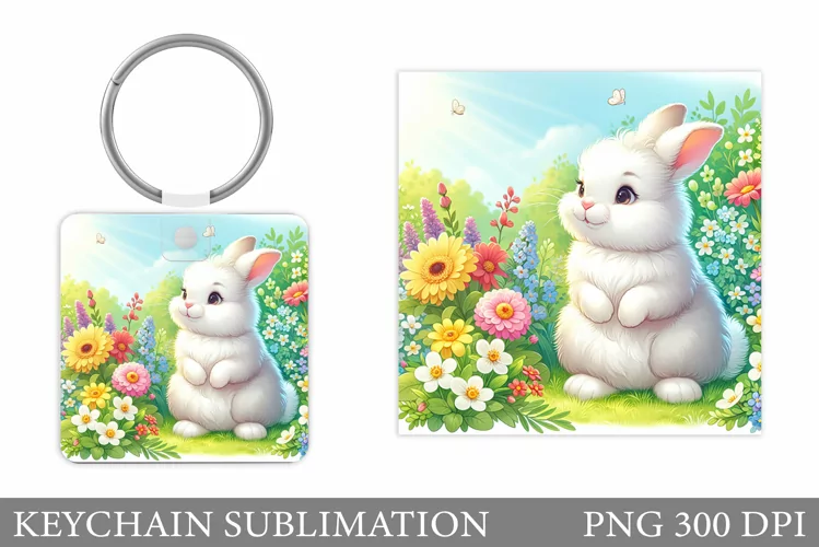 Cute Bunny Keychain. Bunny Flowers Keychain Sublimation