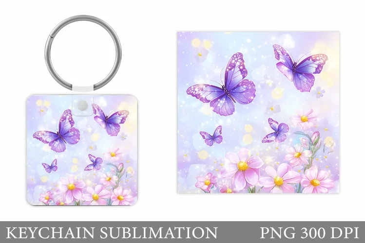 Butterfly Keychain Design. Flowers Keychain Sublimation