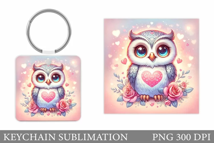 Valentines Owl Keychain. Cute Owl Keychain Sublimation