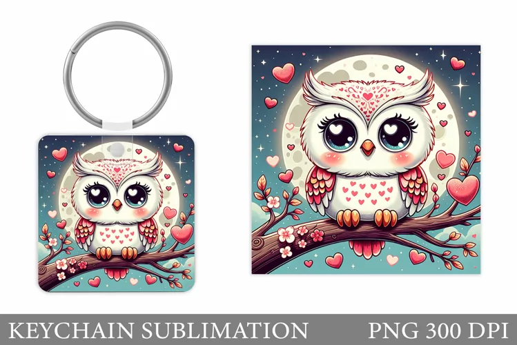 Valentines Owl Keychain. Cute Owl Keychain Sublimation
