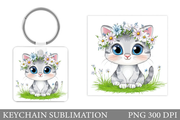 Cute Cat Keychain Sublimation. Cat Flowers Keychain Design example image 1
