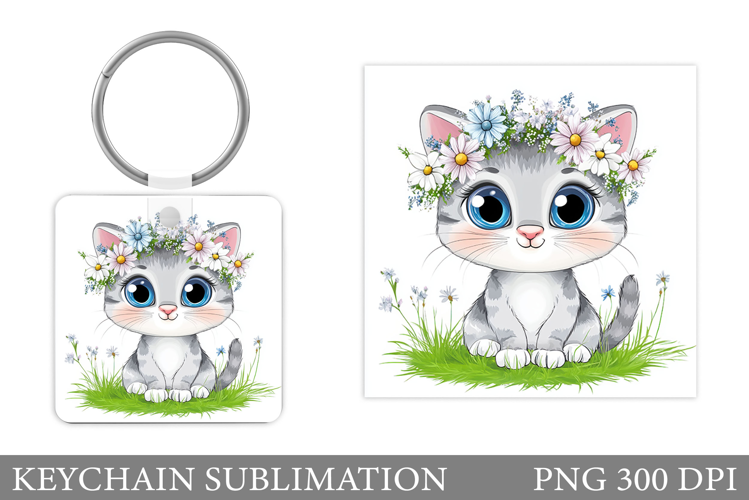 Cute Cat Keychain Sublimation. Cat Flowers Keychain Design