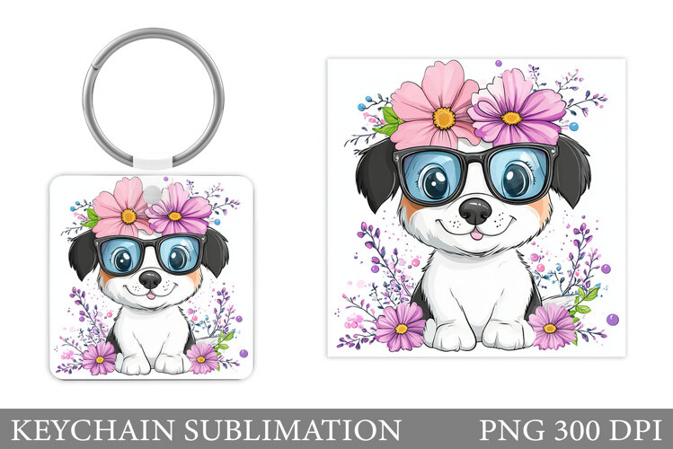 Cute Dog Keychain Sublimation. Dog Flowers Keychain Design example image 1
