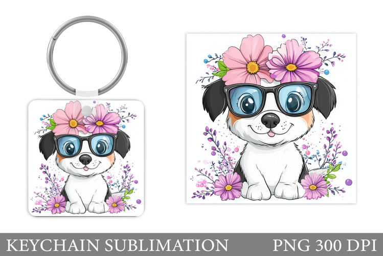 Cute Dog Keychain Sublimation. Dog Flowers Keychain Design