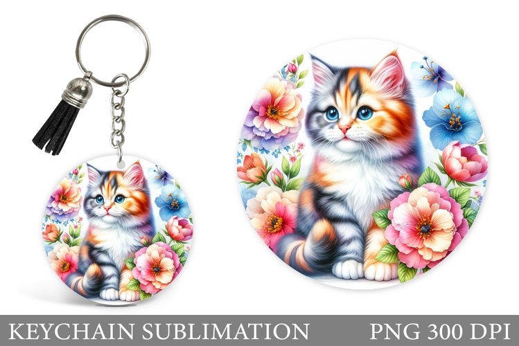 Cute Cat Keychain Sublimation. Cat Flowers Keychain Design