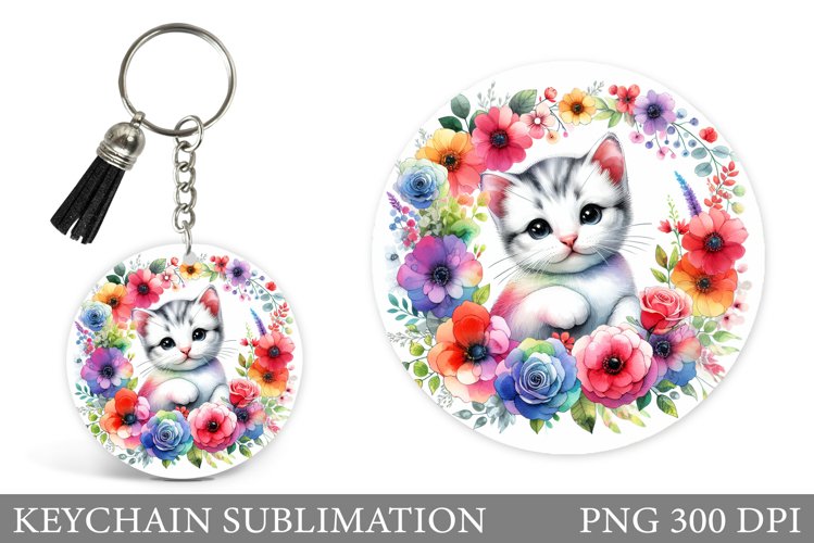 Cute Cat Keychain Sublimation. Cat Flowers Keychain Design