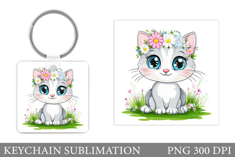 Cute Cat Keychain Sublimation. Cat Flowers Keychain Design