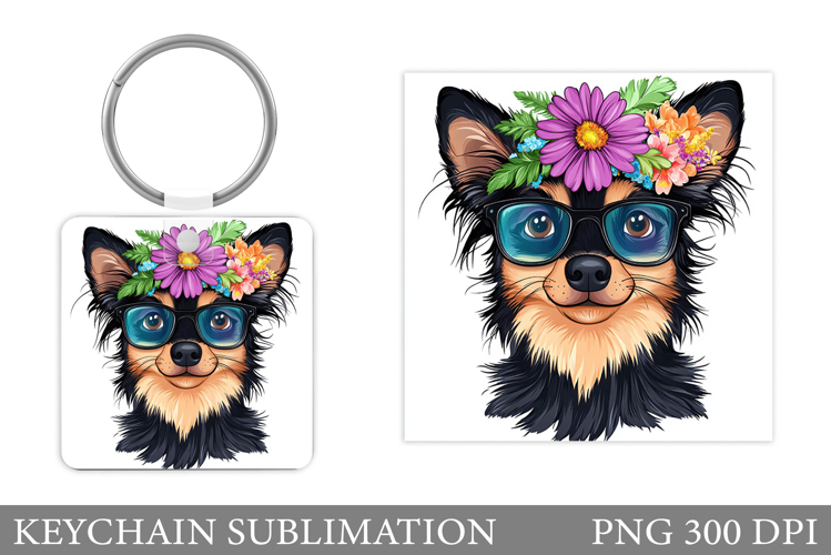 Cute Dog Keychain Sublimation. Dog Flowers Keychain Design