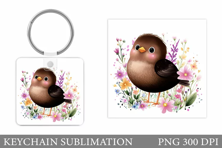 Bird Keychain Sublimation. Bird Flowers Keychain Design