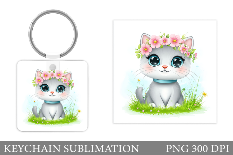 Cute Cat Keychain Sublimation. Cat Flowers Keychain Design