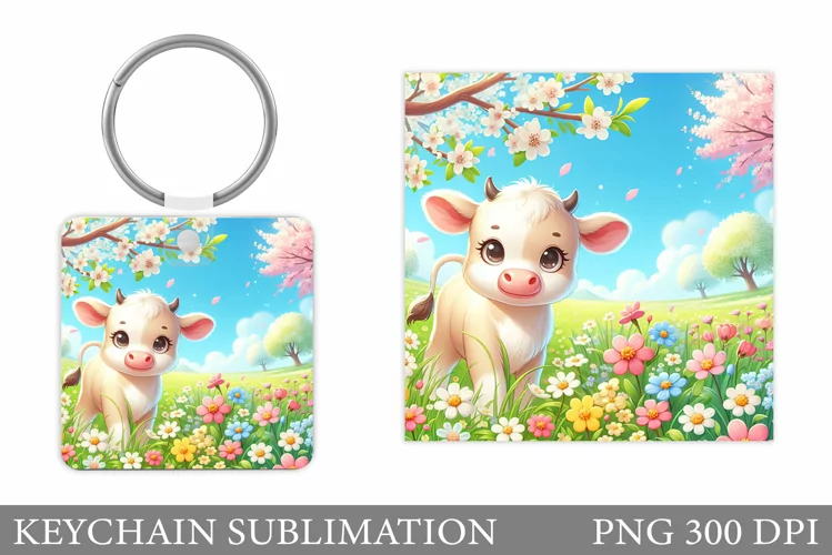 Cow Keychain Design. Cow Flowers Keychain Sublimation