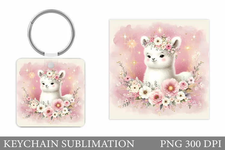 Cute Lama Keychain Design. Lama Flowers Keychain Sublimation