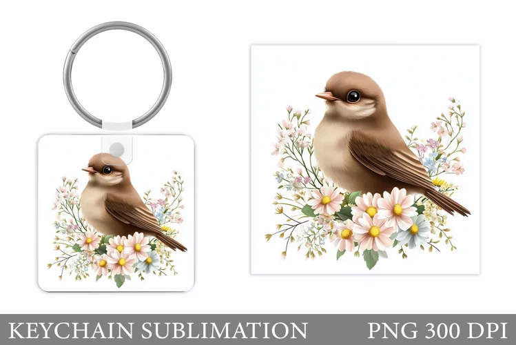 Bird Keychain Sublimation. Bird Flowers Keychain Design