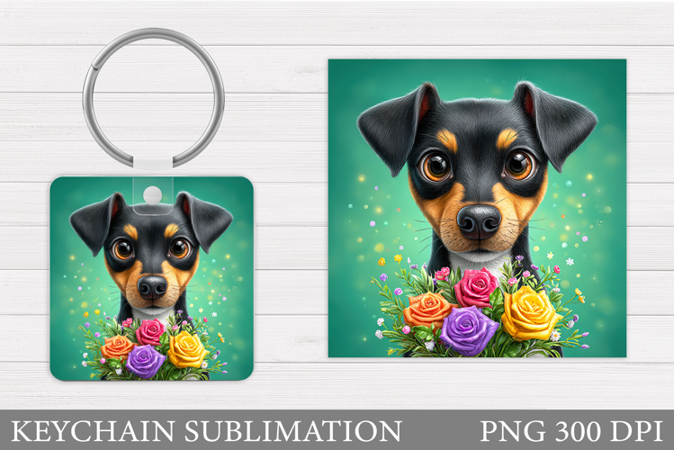 Cute Dog Keychain Sublimation. Dog Flowers Keychain Design