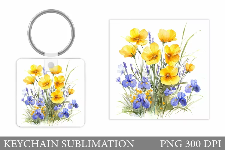 Flowers Square Keychain. Wildflowers Keychain Sublimation