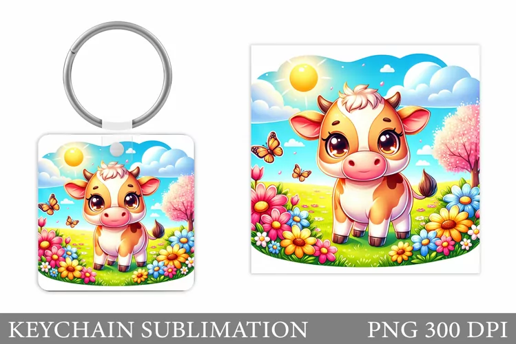 Cute Cow Keychain Design. Cow Flowers Keychain Sublimation