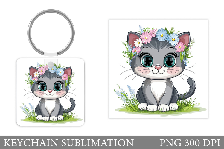 Cute Cat Keychain Sublimation. Cat Flowers Keychain Design