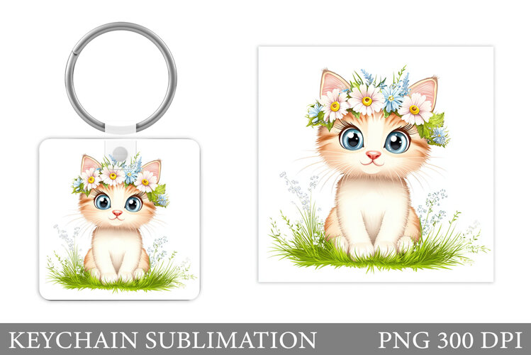 Cute Cat Keychain Sublimation. Cat Flowers Keychain Design example image 1
