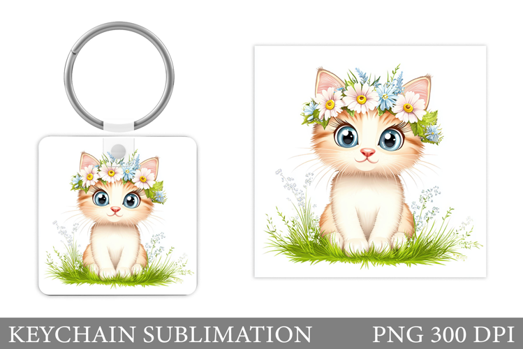 Cute Cat Keychain Sublimation. Cat Flowers Keychain Design
