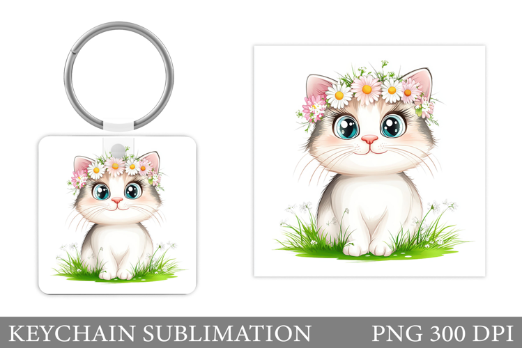 Cute Cat Keychain Sublimation. Cat Flowers Keychain Design