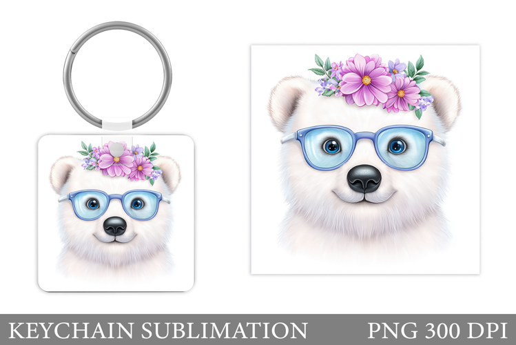 Polar Bear Keychain Design. Cute Bear Flowers Keychain
