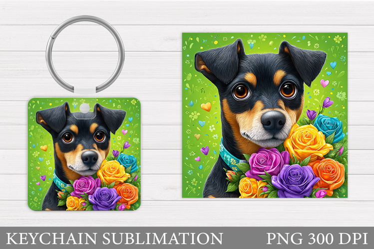 Cute Dog Keychain Sublimation. Dog Flowers Keychain Design