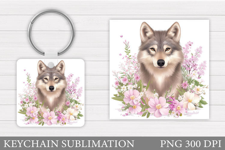 Cute Wolf Keychain Design. Wolf Flowers Keychain Sublimation