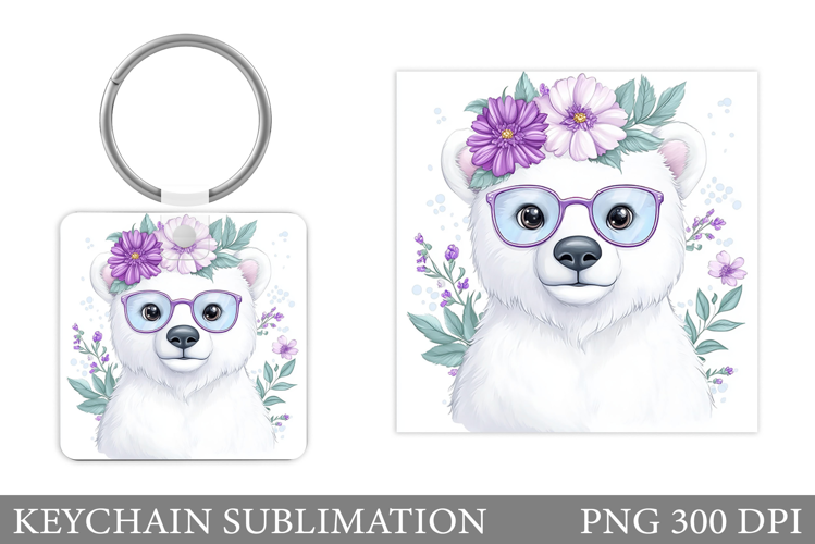 Polar Bear Keychain Design. Cute Bear Flowers Keychain