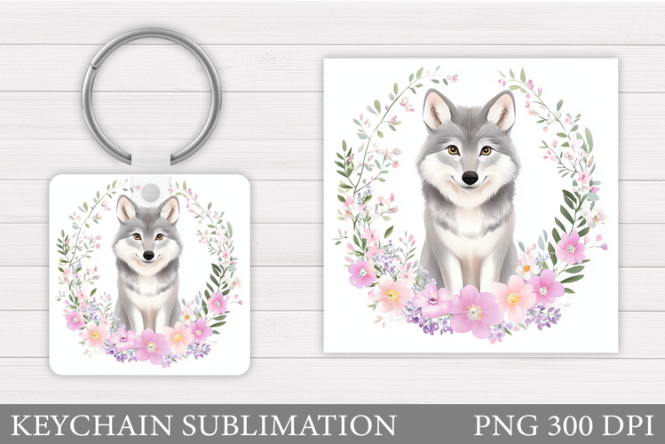 Cute Wolf Keychain Design. Wolf Flowers Keychain Sublimation