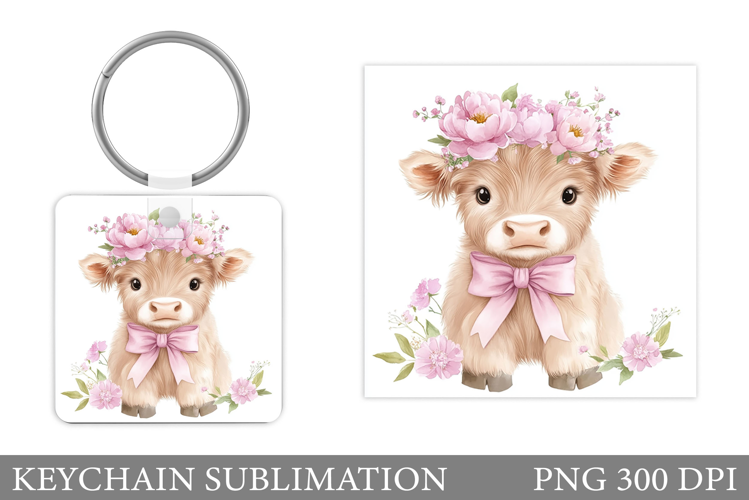 Highland Cow Keychain. Cow Flowers Keychain Sublimation