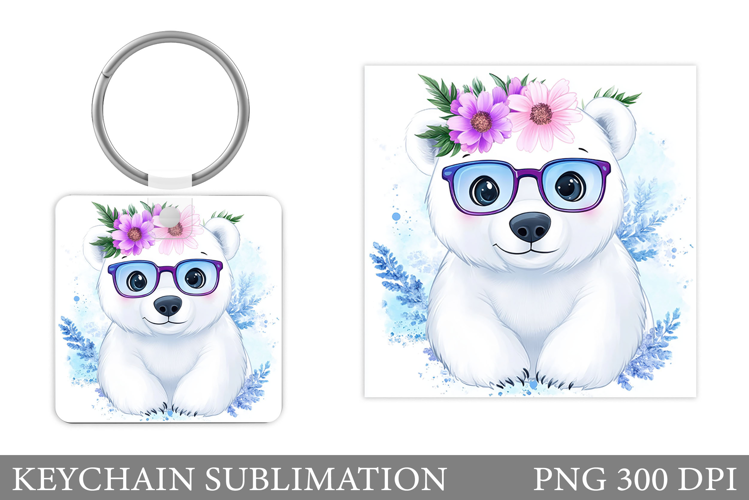 Polar Bear Keychain Design. Cute Bear Flowers Keychain