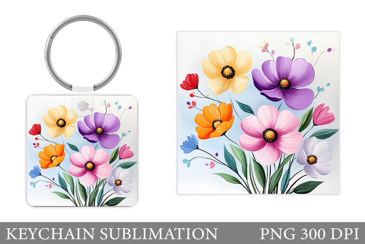 Flowers Square Keychain. Wildflowers Keychain Sublimation