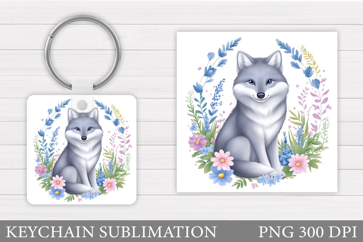 Cute Wolf Keychain Design. Wolf Flowers Keychain Sublimation