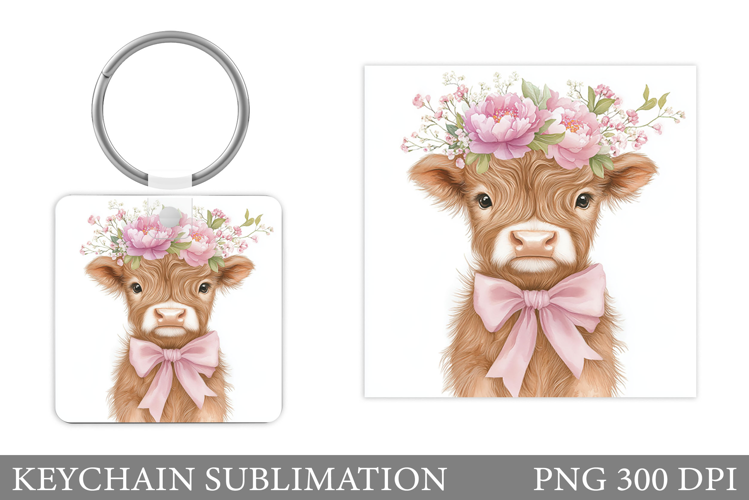 Highland Cow Keychain. Cow Flowers Keychain Sublimation